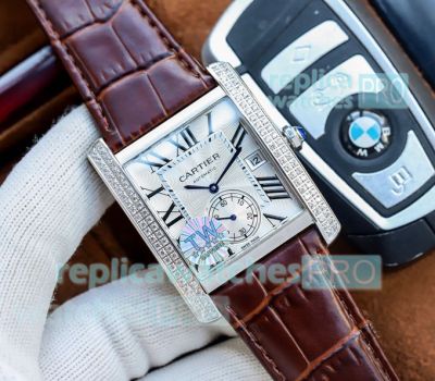 Swiss Replica Cartier Tanks SS Diamond Bezel Silver Dial Watch